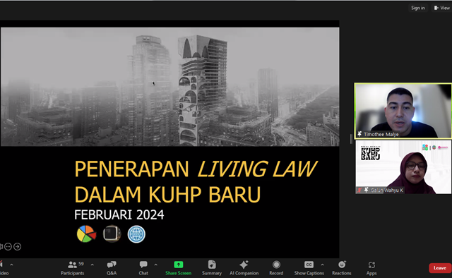 Diskusi penerapan living law dalam KUHP Baru yang digelar secara daring, Sabtu (10/2). Foto: CR 29
