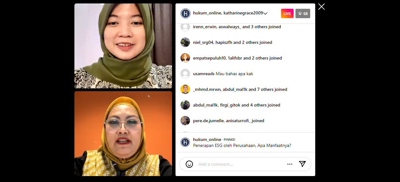 Katharine Grace, Ketua Umum Indonesia Corporate Secretary Association (bawah) dalam Live Instagram Hukumonline, Kamis (21/03/2024). Foto: WIL