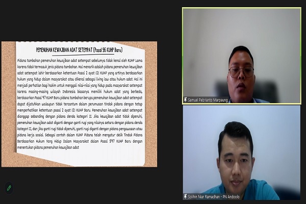 Hakim PN Teluk Kuantan, Samuel Pebrianto Marpaung (kanan atas), dalam diskusi daring bertajuk 'Konsep Baru Pemidaan dalam KUHP Baru', Sabtu (27/4/2024).