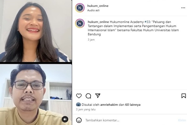 Dosen FH Universitas Islam Bandung Eka An Aqimuddin (bawah) dalam diskusi di kanal Instagram Hukumonline bertema 'Peluang dan Tantangan dalam Implementasi serta Pengembangan Hukum Internasional Islam', Kamis (2/5/2024).