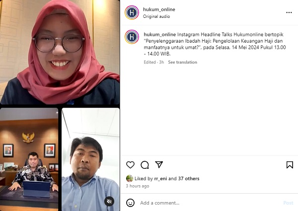 Instagram Live Headline Talks Hukumonline bertajuk 'Penyelenggaraan Ibadah Haji: Pengelolaan Keuangan Haji dan Manfaatnya untuk Umat?', Selasa (14/5). Foto: FNH