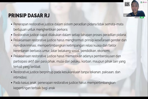 Hakim PN Lubuk Sikaping Aulia Ali Reza saat acara bertajuk 'Selayang Pandang Restorative Justice dalam KUHP Baru dan Peraturan Terkait' secara daring, Sabtu (25/5/2024).  