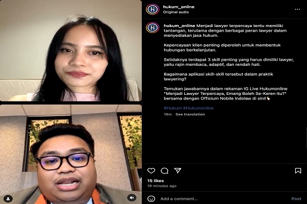 Partner Officium Nobile Indolaw Adv. Giovanny Philip Oktavia Louhenapessy dalam Instagram Hukumonline bertajuk ‘Menjadi Lawyer Terpercaya, Emang Boleh Se-Keren Itu?’, Selasa (4/5/2024).