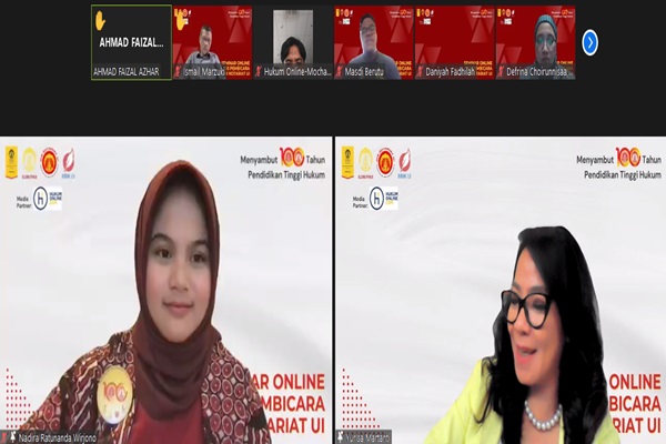  Notaris Yurisa Martanti (kanan) saat menjadi narasumber dalam webinar 100 Pembicara Alumni Notariat Universitas Indonesia bertajuk Merger dan Akuisisi, Selasa (11/6/2024). Foto: Tangkapan layar zoom