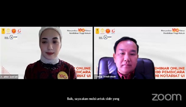 Webinar dengan tema 100 Pembicara Alumni Notariat UI, 100 Tahun untuk Negeri, Kamis (13/6). Foto: FNH