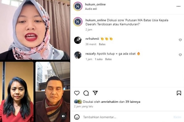 Dosen STH Indonesia Jentera, Bivitri Susanti dan Ketua Pusat Kajian Demokrasi, Konstitusi, dan Hak Asasi Manusia FH UGM, Yance Arizona dalam diskusi IG Live Hukumonline bertema Putusan MA Batas Usia Kepala Daerah: Terobosan atau Kemunduran?, Jumat (14/6/2024)