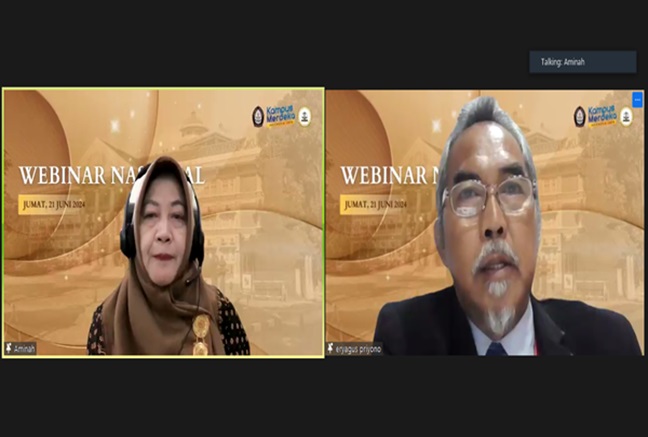  Moderator Aminah dan Dosen Hukum Perdata FH Undip Ery Agus Priyono dalam webinar 'Fenomena Penggunaan Artificial Intelligence Sebagai Hak Kekayaan Intelektual dalam Penjaminan Pada Kontrak Bisnis di Indonesia', Jumat (21/6/2024). Foto: Tangkapan Zoom