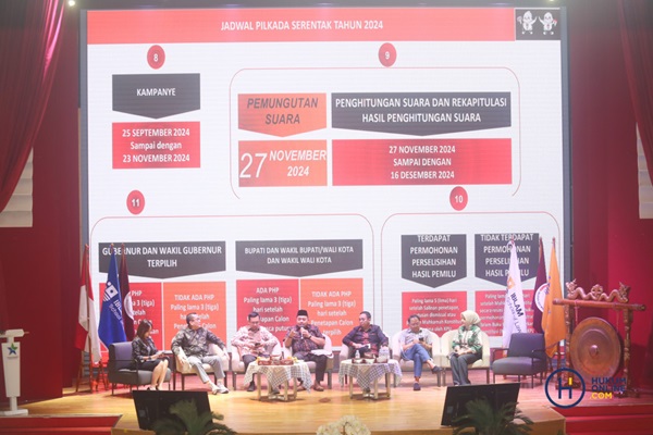 Diskusi dengan sejumlah narasumber bertema 'Menjaga Sinergitas Kampus dengan Penyelenggara Pemilu dalam Menciptakan Pilkada Serentak 2024 yang Berkeadilan dan Beretika', di Jakarta, Jumat (2/8/2024) kemarin. Foto: HFW