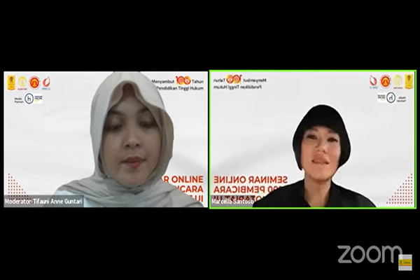Partner Ariyanto Arnaldo Law Firm, Marcella Santoso dalam Seminar Online 100 Pembicara Alumni Notariat Universitas Indonesia secara daring, Kamis (1/8/2024). Foto: Tangkapan layar zoom