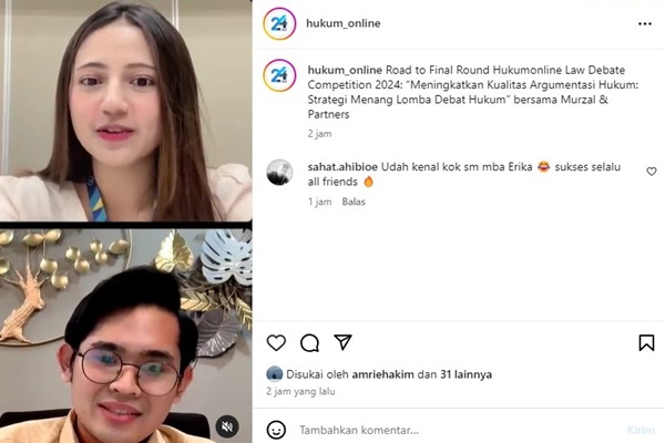 Associate Murzal and Partners, Yanma Aditya Pratama saat menjadi narasumber dalam Instagram Live Hukumonline bertajuk ‘Meningkatkan Kualitas Argumentasi: Strategi Menang Lomba Debat Hukum’, Selasa (13/8/2024). Foto: Tangkapan instagram live