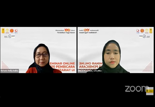 Seminar Online 100 Pembicara Alumni Notariat Universitas Indonesia, Selasa (3/9), menghadirkan Notaris dan PPAT Neilly Iralita Iswari. Foto: Tangkapan layar YouTube