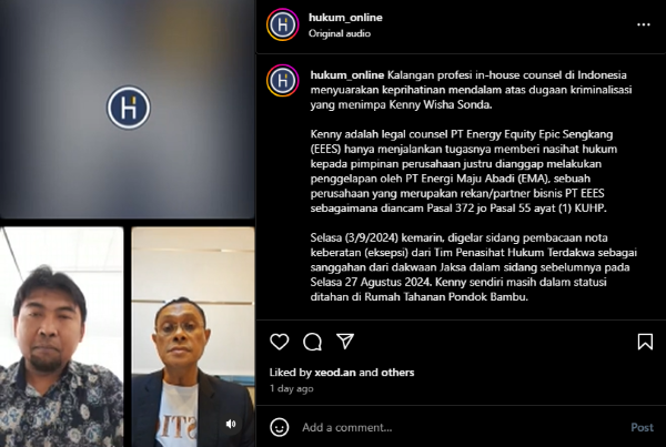 Penasihat Hukum Kenny, Fredrik J. Pinakunary (kanan) dalam sesi Instagram Live Hukumonline 'Ngobras Hukum' bertajuk 'Kasus Kenny, Benarkah In-House Counsel Dikriminalisasi' yang dipandu Editor Hukumonline Agus Sahbani, Rabu (4/9/2024).