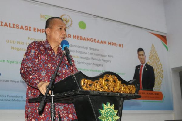 Dekan FH Universitas Muhammadiyah Palembang Abdul Hamid Usman saat kegiatan sosialisasi empat pilar Majelis Permusyawaratan Rakyat (MPR), Kamis (5/9/2024) kemarin. Foto: Istimewa  