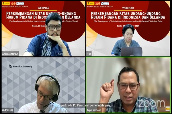 Sejumlah narasumber dalam Webinar bertajuk Perkembangan KUHP di Indonesia dan Belanda, Senin (23/9/2024). Foto: Tangkapan layar youtube