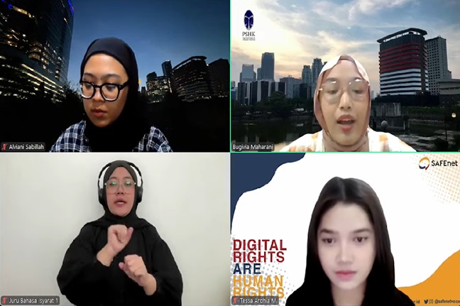  Peneliti SAFEnet, Tessa Ardhia  dan peneliti PSHK, Alviani Sabillah diskusi daring Forum Kajian Pembangunan (FKP): Tata Kelola Internet Yang Ideal di Indonesia, Kamis (12/12/2024). Foto: Tangkapan layar youtube