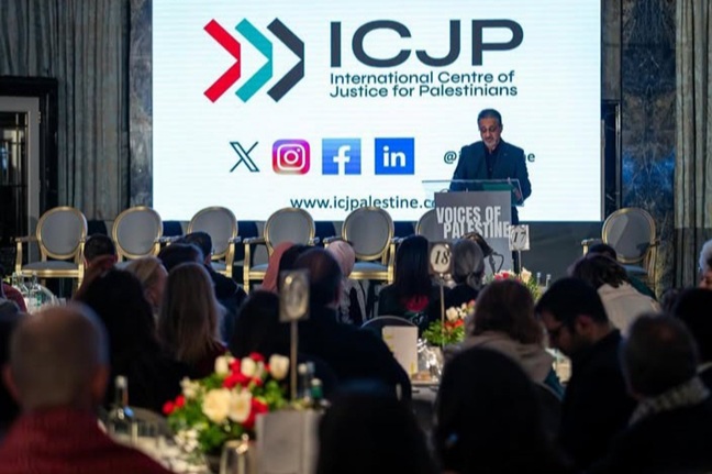 Direktur ICJP, Tayab Ali dalam pidatonya. Foto: instagram voiceofpalestina