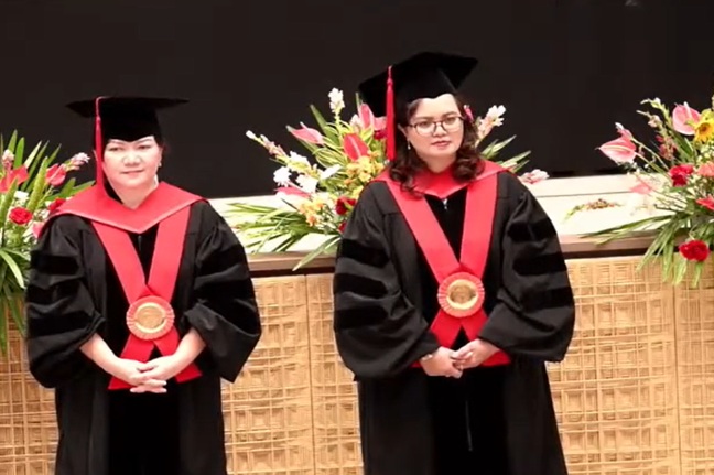 Pengukuhan Guru Besar FH Unika Atma Jaya, Prof Natalia Yeti di bidang Hukum Penanggulangan Bencana Internasional dan Prof. Selvie Sinaga di bidang Hukum Hak Kekayaan Intelektual Internasional, Kamis (24/4/2025). Foto: Istimewa