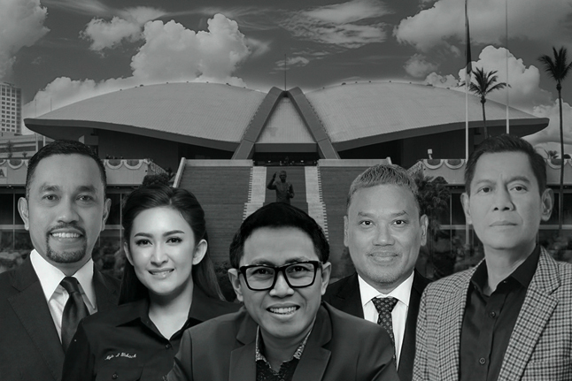 Kiri-kanan: Ahmad Sahroni, Nafa Urbach, Eko Hendro Purnomo alias Eko Patrio, dan Surya Utama alias Uya Kuya, dan Adies Kadir.  Foto: Kolase