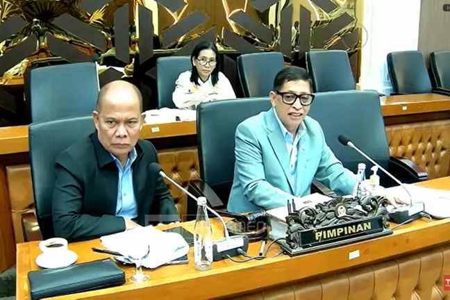 Wakil Ketua Baleg, Sturman Panjaitan dan Ketua Baleg Bob Hasan saat memimpin rapat Panja RUU PSDK di Komplek Gedung Parlemen, Rabu (3/12/2025). Foto: Tangkapan layar youtube