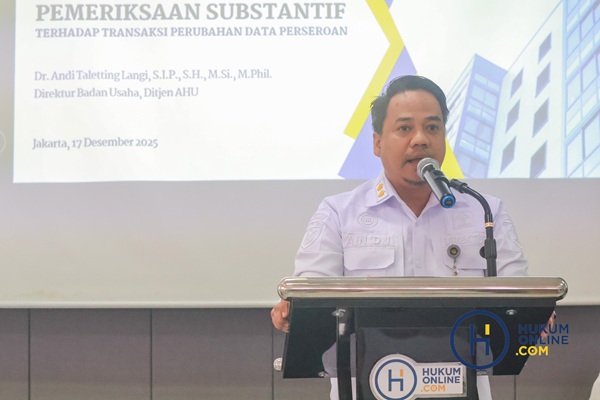 Direktur Badan Usaha Ditjen AHU, Andi Taletting Langi, dalam Hukumonline Subscribers Meet-up Bersama Indonesian Corporate Counsel Association di, Jakarta, Rabu (17/12). Foto: HFW