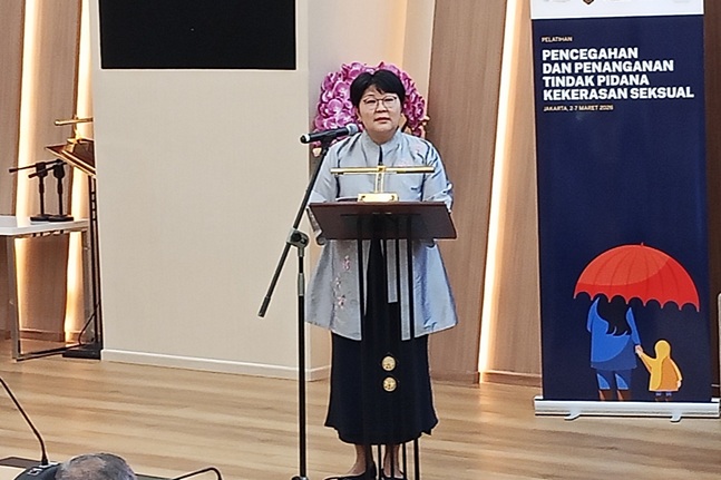 United Nations (UN) Women Representative and Liaison to ASEAN, Ulziisuren Jamsran dalam Pelatihan Lembaga Pendidikan dan Pelatihan (Lemdiklat) Polri, Senin (2/3/2026). Foto: Firyal