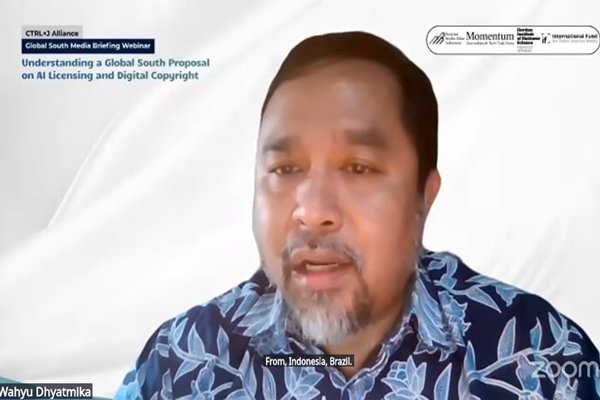 Ketua Umum Asosiasi Media Siber Indonesia (AMSI), Wahyu Dhyatmika dalam Global South Media Briefing Webinar, Selasa (28/4/2026). Foto; Tangkapan layar youtube