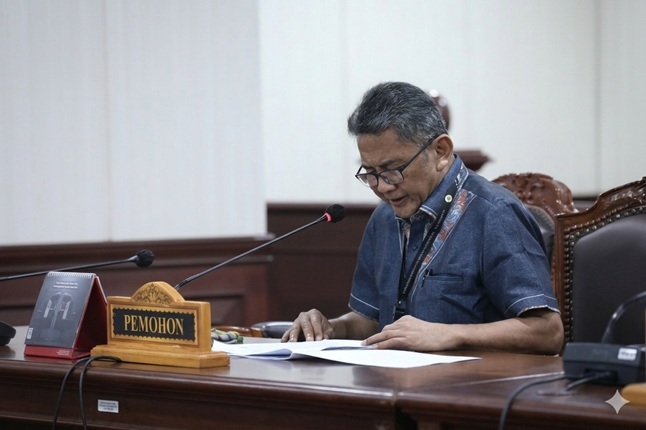 Nico Indra Sakti selaku pemohon pengujian UU Perkawinan menyampaikan pokok-pokok permohonan, pada sidang yang berlangsung di ruang sidang panel MK, Kamis (7/5/2026). Foto: Humas MK