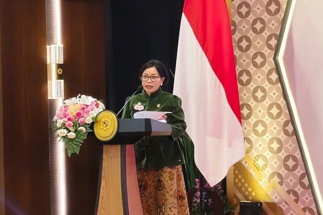 Ketua Badan Perhimpunan Hakim Perempuan Indonesia (BPHPI), Nani Indrawati saat memberikan sambutan dalam Refleksi Perjalanan Tiga Tahun BPHPI, Jumat (10/2/2026). Foto: Firyal